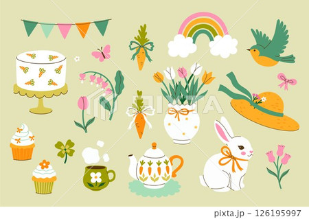 Cute set of spring items in delicate colors. Vector graphics 126195997
