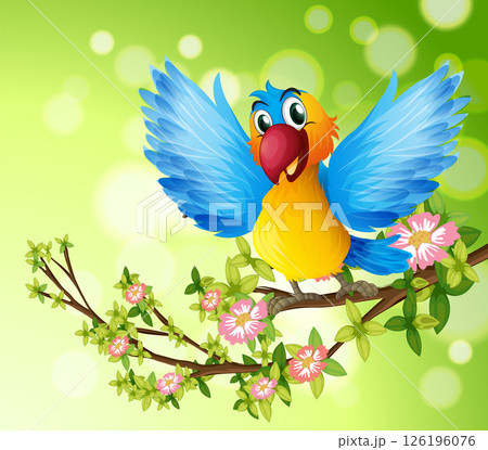 Cheerful Bird on Blooming Branch Illustration 126196076
