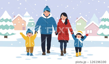 雪降る街を家族で手つなぎ散歩 126196100