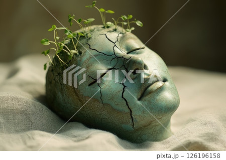 Abstract sculpture of a serene face with cracks and green sprouts symbolizing growth and renewal Abstract sculpture of a serene face with cracks and green sprouts symbolizing growth and renewal 126196158