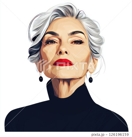 Elegant mature woman with silver hair and bold red lips in a stylish black turtleneck portrait Elegant mature woman with silver hair and bold red lips in a stylish black turtleneck portrait 126196159