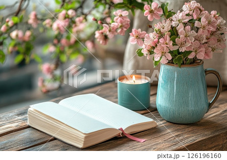 Open notebook with pink flowers in vase and candle on rustic wooden table in cozy setting 126196160