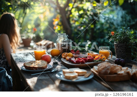 Outdoor breakfast table with fresh fruits, pastries, and beverages in a lush garden setting 126196161