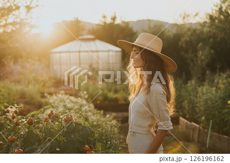 Woman in straw hat enjoying sunset in a vibrant garden with ripe tomatoes and greenhouse backdrop Woman in straw hat enjoying sunset in a vibrant garden with ripe tomatoes and greenhouse backdrop 126196162