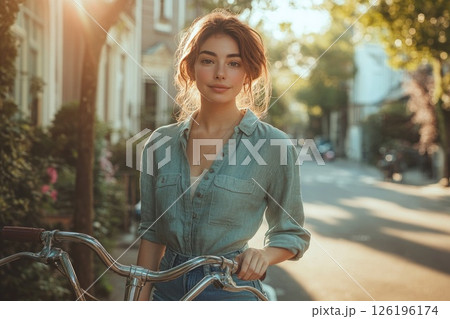 Young woman in denim shirt standing beside bicycle on sunlit street with trees and buildings Young woman in denim shirt standing beside bicycle on sunlit street with trees and buildings 126196174