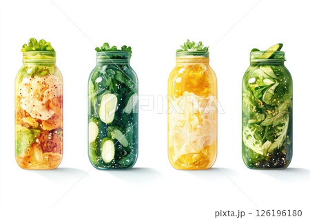 Colorful jars filled with fresh vegetables and greens showcasing healthy food preservation techniques Colorful jars filled with fresh vegetables and greens showcasing healthy food preservation techniques 126196180