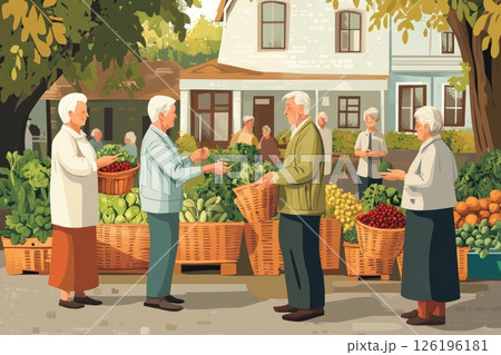 Elderly individuals engaging in friendly conversation at a vibrant outdoor farmer's market scene 126196181