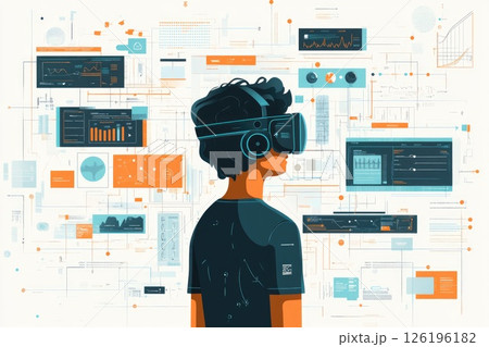 Young man wearing virtual reality headset surrounded by digital data and analytics interface Young man wearing virtual reality headset surrounded by digital data and analytics interface 126196182