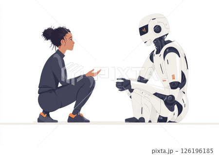 Young woman interacting with humanoid robot in a futuristic setting, showcasing technology and connection 126196185