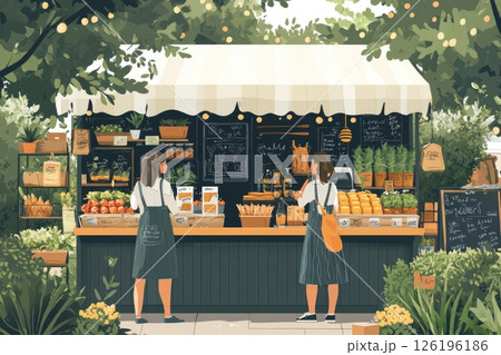 Two women shopping at a vibrant outdoor market stall filled with fresh produce and greenery 126196186