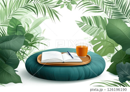 Cozy reading nook with open notebook and tea surrounded by lush green foliage 126196190