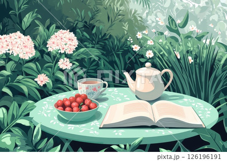 Serene garden scene with tea, strawberries, and an open book on a decorative table Serene garden scene with tea, strawberries, and an open book on a decorative table 126196191