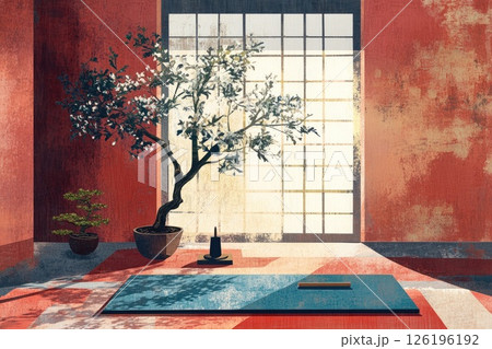 Serene interior space with a potted tree, yoga mat, and soft natural light illuminating the room Serene interior space with a potted tree, yoga mat, and soft natural light illuminating the room 126196192