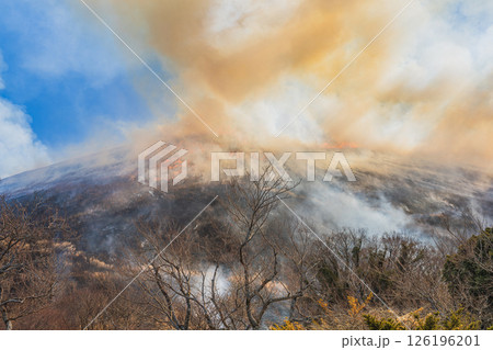 伊東市の青空に映える大室山の山焼きの風景(静岡県) 伊東市の青空に映える大室山の山焼きの風景(静岡県) 126196201