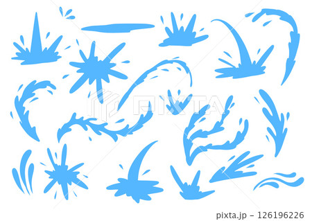 Blue water splashes and sprays in flat vector style. Dynamic collection of liquid elements for design, animation, or decoration. 126196226