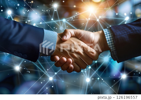 Handshake for teamwork of business merger and acquisition, successful negotiate. Hand shake, two businessman shake hand with partner to celebration partnership deal. Network effects for tech industry Handshake for teamwork of business merger and acquisition, successful negotiate. Hand shake, two businessman shake hand with partner to celebration partnership deal. Network effects for tech industry 126196557