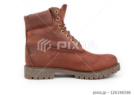 Leather brown boot for winter or autumn hiking isolated on white background. 126196596
