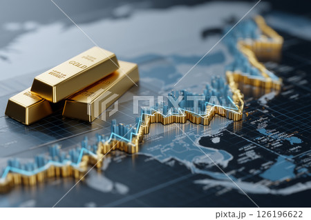 金融、ビジネス、世界経済イメージ。金の延べ棒とインフレを象徴するマーケット背景画像 126196622