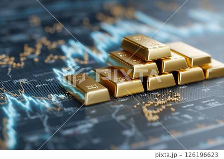 世界経済と金価格の関係性を示す高級感ある画像。ゴールドバーと金融ビジネスのグラフ背景 126196623
