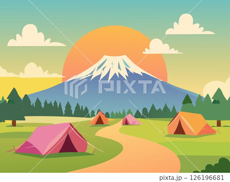 富士山をバックにしたキャンプサイトをイメージした背景素材 126196681
