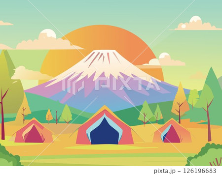 富士山をバックにしたキャンプサイトをイメージした背景素材3 126196683
