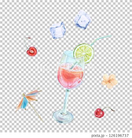 Pink cocktail in glass goblet, ice cubes, cherry, lime wedge, straw, umbrella. Hand drawn watercolor illustration isolated on white. Postcards, invitations, summer banners, posters, covers, bar card. Pink cocktail in glass goblet, ice cubes, cherry, lime wedge, straw, umbrella. Hand drawn watercolor illustration isolated on white. Postcards, invitations, summer banners, posters, covers, bar card. 126196737