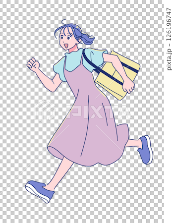 バッグを持って走るアニメタッチの可愛い女子生徒 126196747