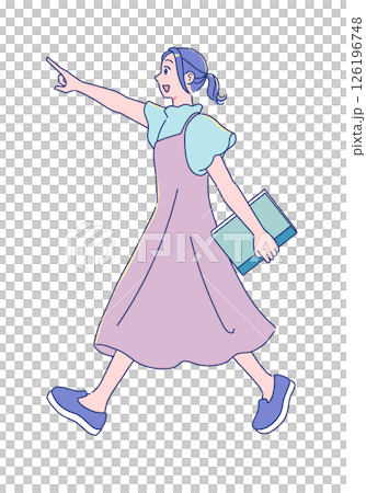 A cute anime-style female student walking with a book 126196748