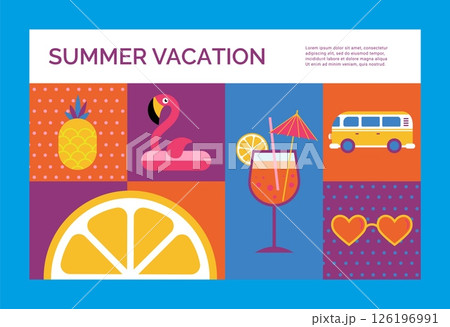 Summer fun. Season for traveling. Tropical fruit. Swimming pool flamingo. Exotic cocktail glass. Car van trip. Square shapes collage. Abstract geometric card. Vector summertime tourism banner design 126196991