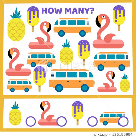 Summer fun. How many flamingo and tropical fruits. Kids worksheet. Workbook test. Math counting quiz. Children game. Car van vacation. Finding identical ice creams. Vector educational puzzle design 126196994