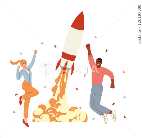 Startup people. Happy man and woman launching rocket. Business project, entrepreneur strategy and innovation. Success investment. Spaceship technology. Vector cartoon flat style isolated illustration 126197000