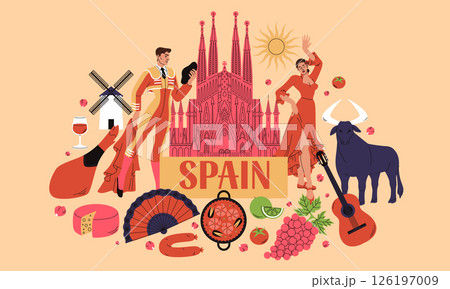 Tourism in Spain. Spanish landmarks. Vacation banner. Traditional architecture and national food. Sacred cathedral. Flamenco dance with fan. European country culture. Guitar music. Vector background 126197009