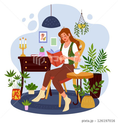 Plant pot. Woman in peaceful home. House garden. Person relaxes in flower place. Interior location with foliage. Cozy houseplants. Girl reads book in orangery. Vector environment tidy illustration Plant pot. Woman in peaceful home. House garden. Person relaxes in flower place. Interior location with foliage. Cozy houseplants. Girl reads book in orangery. Vector environment tidy illustration 126197016