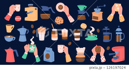 Coffee. Kettle, espresso machine, arabica beverage in mug cafe. Method barista v60. Cup of cappuccino and cookie, package beans. Icon latte, hold in hands morning drinks. Vector garish isolated set Coffee. Kettle, espresso machine, arabica beverage in mug cafe. Method barista v60. Cup of cappuccino and cookie, package beans. Icon latte, hold in hands morning drinks. Vector garish isolated set 126197024