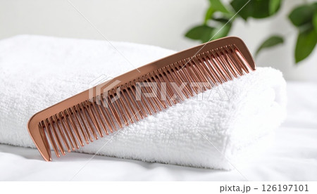 Portable comb on a white towel surrounded by green leaves Portable comb on a white towel surrounded by green leaves 126197101