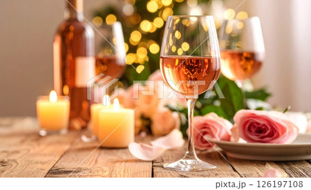 Rose wine glasses with bokeh lights and candles placed on the table, party concept 126197108