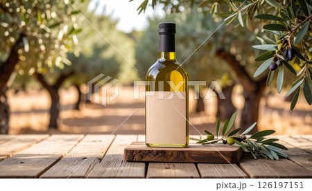 Rustic Olive Oil Bottle with Kraft Label on Wooden Board backgroundA wooden board with a bunch of fresh rosemary sits on a wooden table in the kitchen. Rustic Olive Oil Bottle with Kraft Label on Wooden Board backgroundA wooden board with a bunch of fresh rosemary sits on a wooden table in the kitchen. 126197151