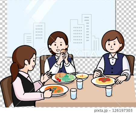 午餐時間：三名身著制服的女工作人員 126197303