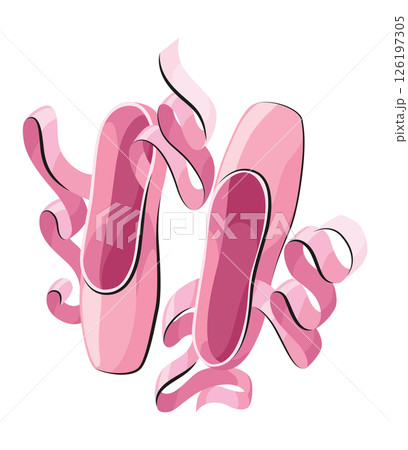 Ballet accessorie. Pink pair of pointe-shoes with satin or silk ribbon. Vector hand drawn sketch style object 126197305