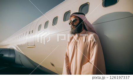 Wealthy Saudi man poses next to private jet 126197337