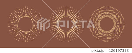 Bohemian style gold sun shapes. Abstract mystic thin line star rays vector elements. 126197358