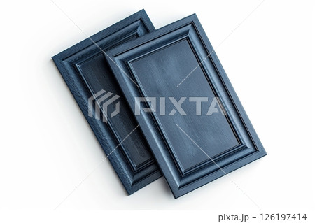Cabinet door samples in market in a row. Blue Kitchen wooden cabinet door, brass door handles, furniture isolated on white. Chic look in the room. Trendy interior units. Home improvement concept. 126197414