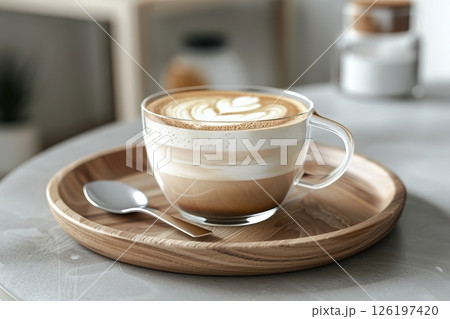 Cafe latte macchiato layered coffee in a see through coffee cup. Wooden tray with art milk coffee in a transparent trendy glass mug, spoon on gray desk. Hot cappuccino coffee on table. Space for text 126197420