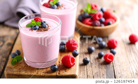Pink smoothie with flax seeds and berries in a beautifully decorated glass. 126197454