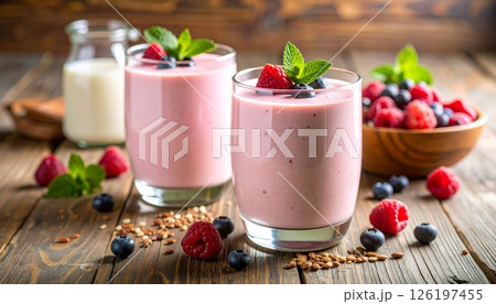 Pink smoothie with flax seeds and berries in a beautifully decorated glass. Pink smoothie with flax seeds and berries in a beautifully decorated glass. 126197455