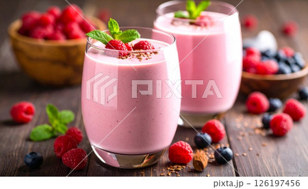 Pink smoothie with flax seeds and berries in a beautifully decorated glass. Pink smoothie with flax seeds and berries in a beautifully decorated glass. 126197456