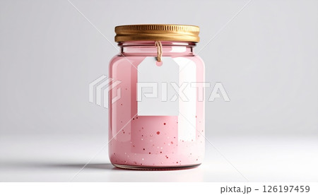 Pink jar with lid and blank label 126197459