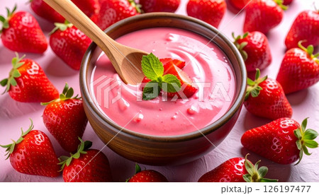 Pink strawberry smoothie in bowl with wooden spoon Pink strawberry smoothie in bowl with wooden spoon 126197477