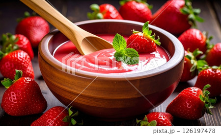 Pink strawberry smoothie in bowl with wooden spoon Pink strawberry smoothie in bowl with wooden spoon 126197478