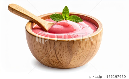 Pink strawberry smoothie in bowl with wooden spoon Pink strawberry smoothie in bowl with wooden spoon 126197480